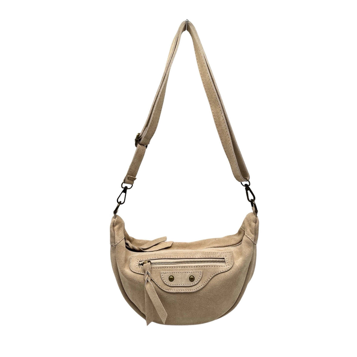 ROXANA Schultertasche aus Wildleder in Bananenform: BEIGE