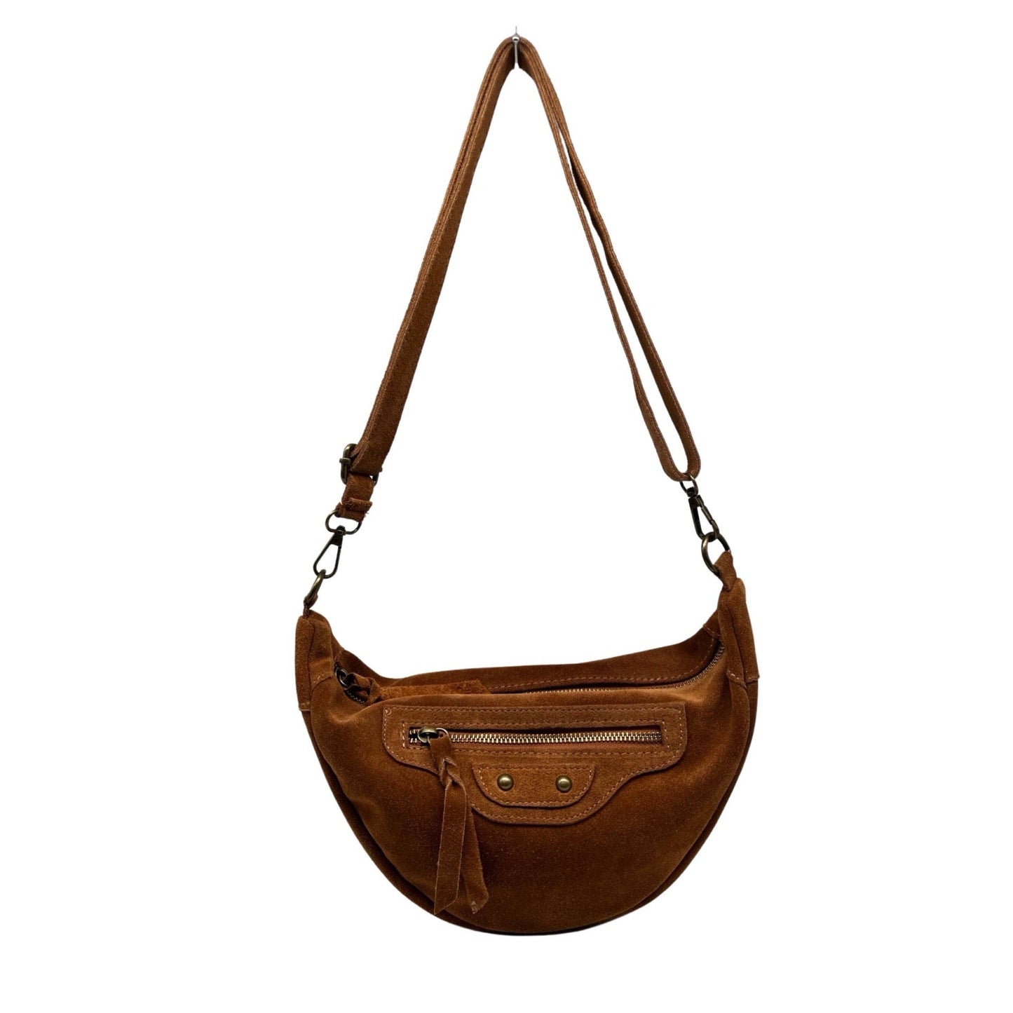 ROXANA Schultertasche aus Wildleder in Bananenform: KAMEL