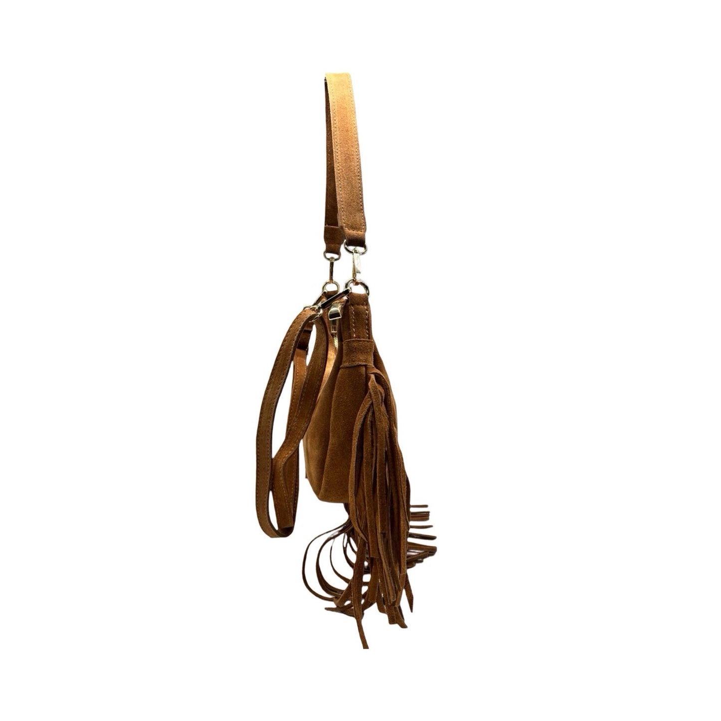 Suede-Ledertasche mit Fransen „Demy“: KAMEL