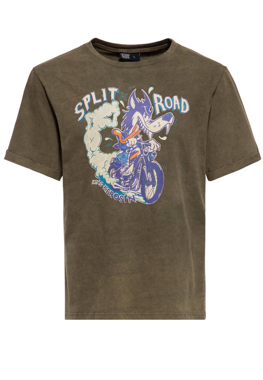 Acid-Washed T-Shirt «Split The Road» Oliv