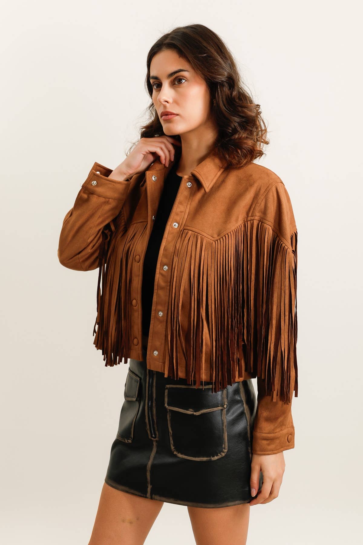 Damenjacke in Wildlederoptik mit Fransen im Western-Stil - 5956: Camel / 6 Pieces: 3S 2M 1L