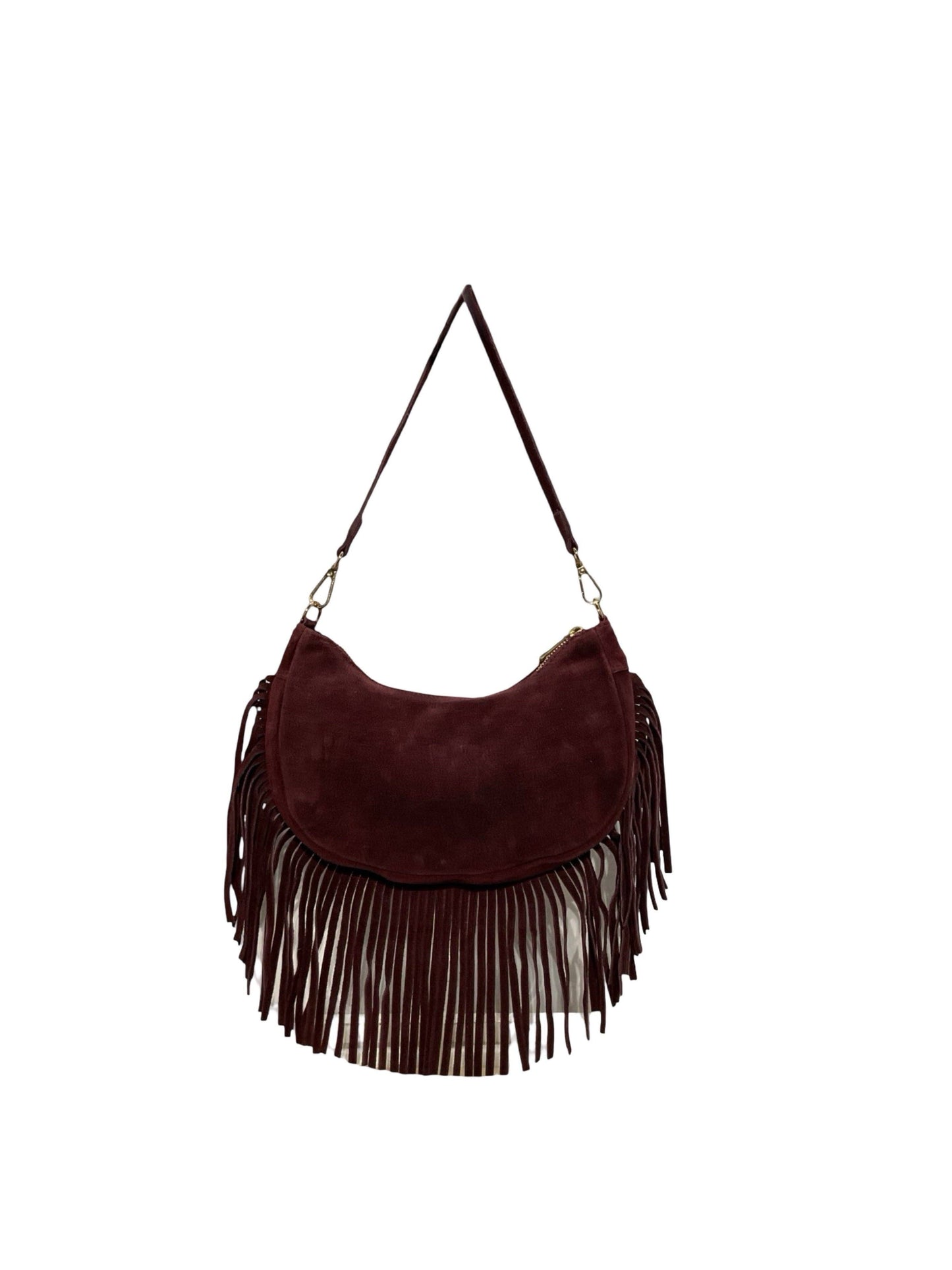 Suede-Ledertasche mit Fransen „Demy“: KAMEL
