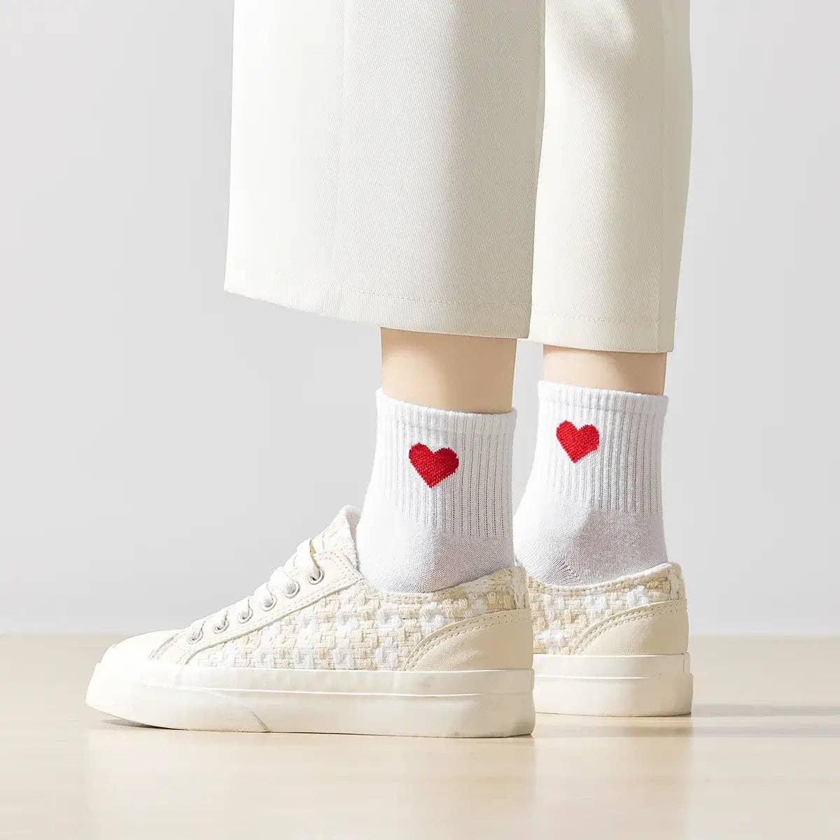Damen Kniestrümpfe Herz Seite I 35-41: Blanc/Rouge / 35-41