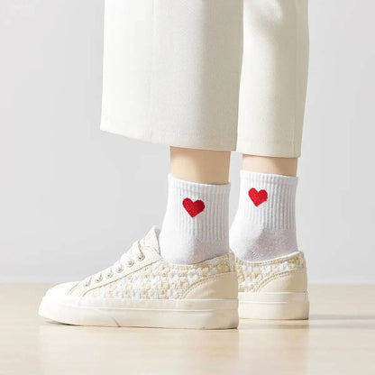 Damen Kniestrümpfe Herz Seite I 35-41: Blanc/Rouge / 35-41