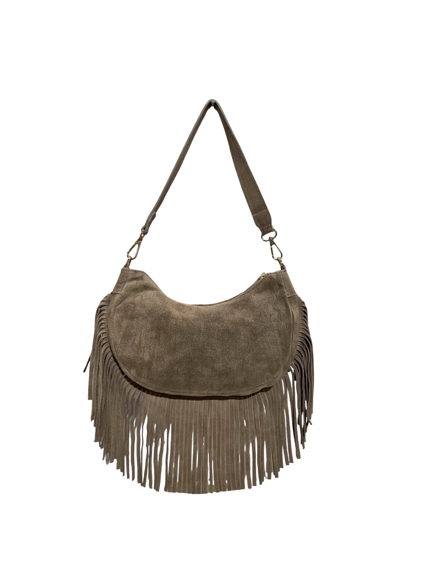 Suede-Ledertasche mit Fransen „Demy“: KAMEL