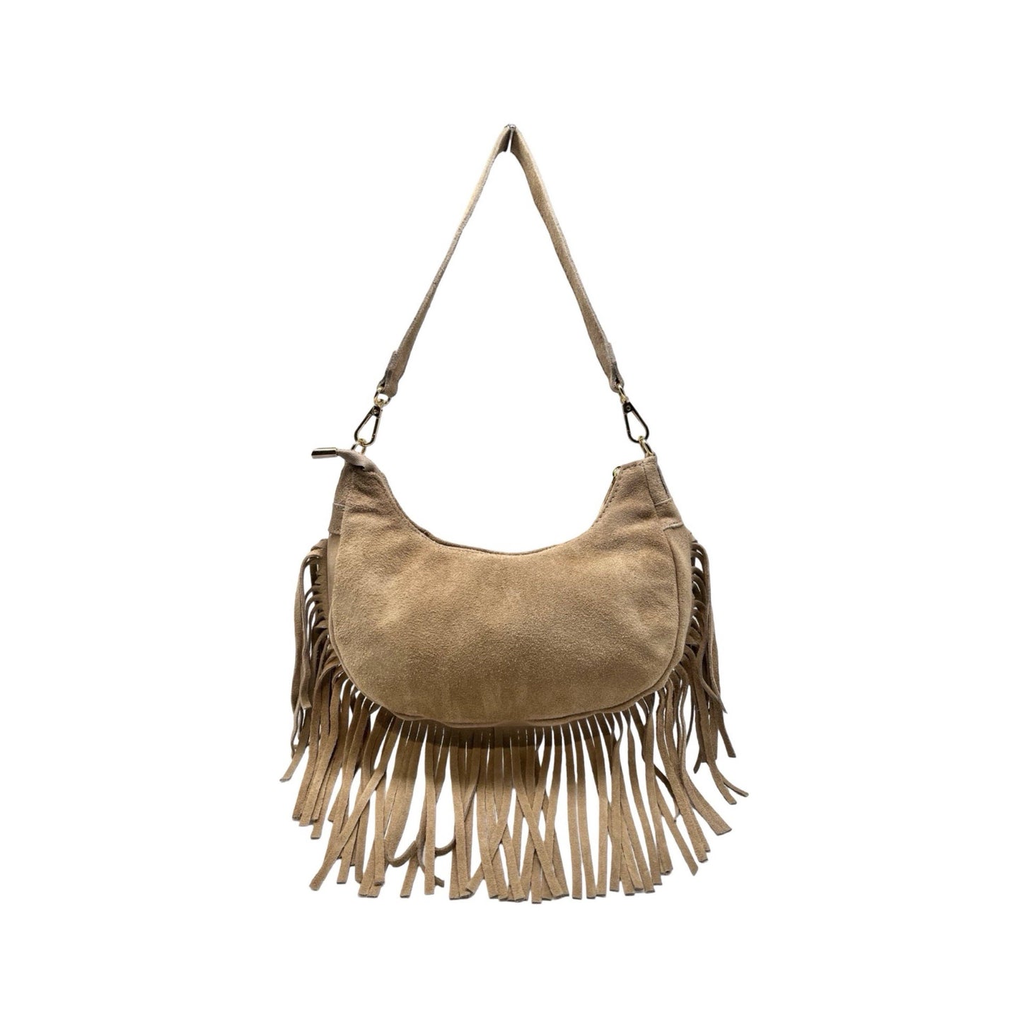 Suede-Ledertasche mit Fransen „Demy“: KAMEL