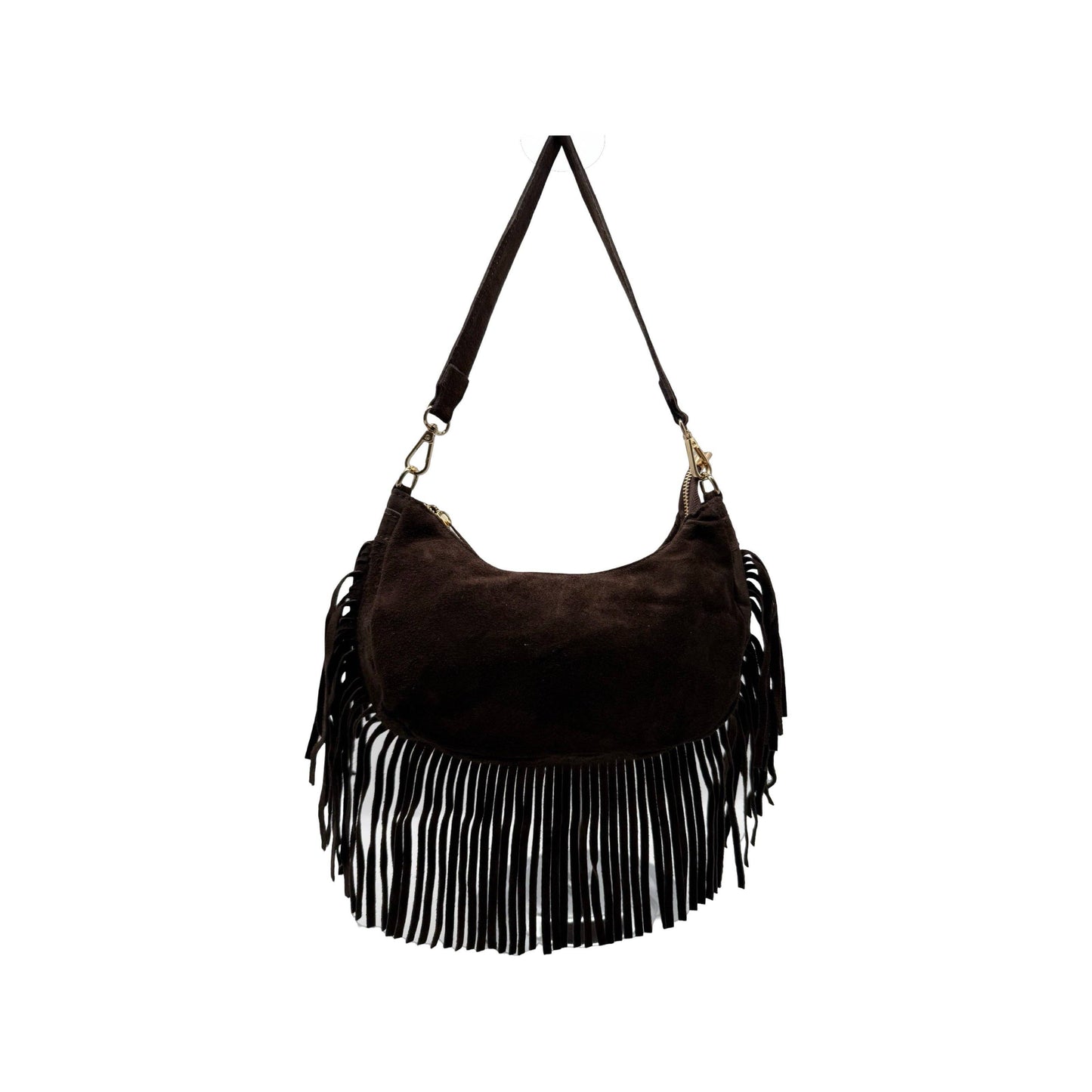 Suede-Ledertasche mit Fransen „Demy“: KAMEL