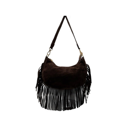 Suede-Ledertasche mit Fransen „Demy“: KAMEL