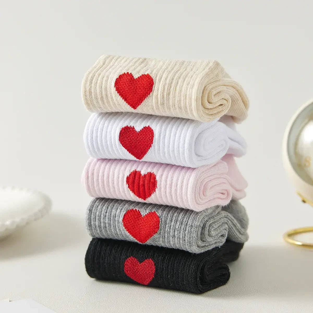 Damen Kniestrümpfe Herz Seite I 35-41: Blanc/Rouge / 35-41
