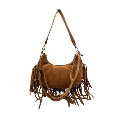 Suede-Ledertasche mit Fransen „Demy“: KAMEL