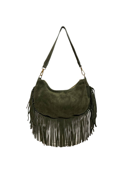Suede-Ledertasche mit Fransen „Demy“: KAMEL