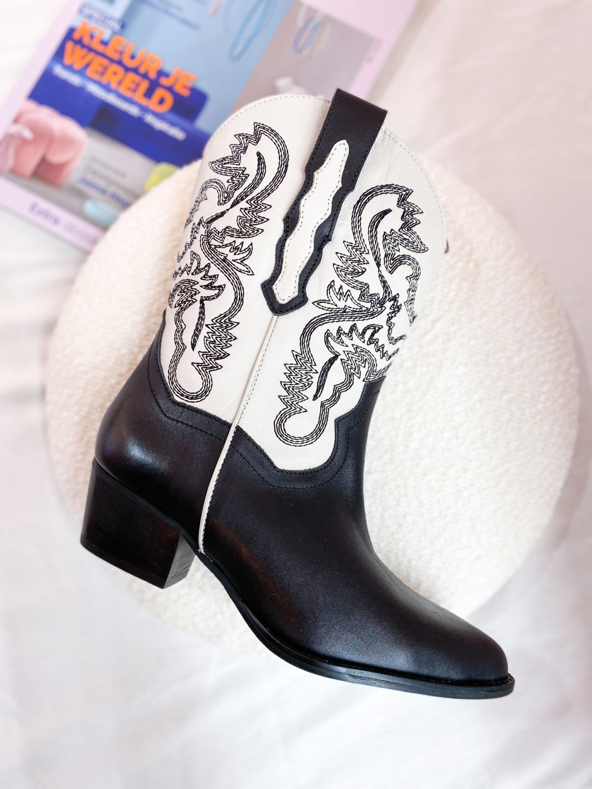 DWRS Western Black White Damen Weiss Schwarz Boots Leder "BRADY"
