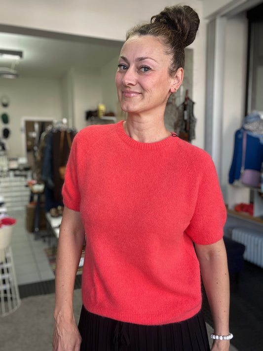 Kurzarm-Pullover aus Baby Alpaka in Koralle
