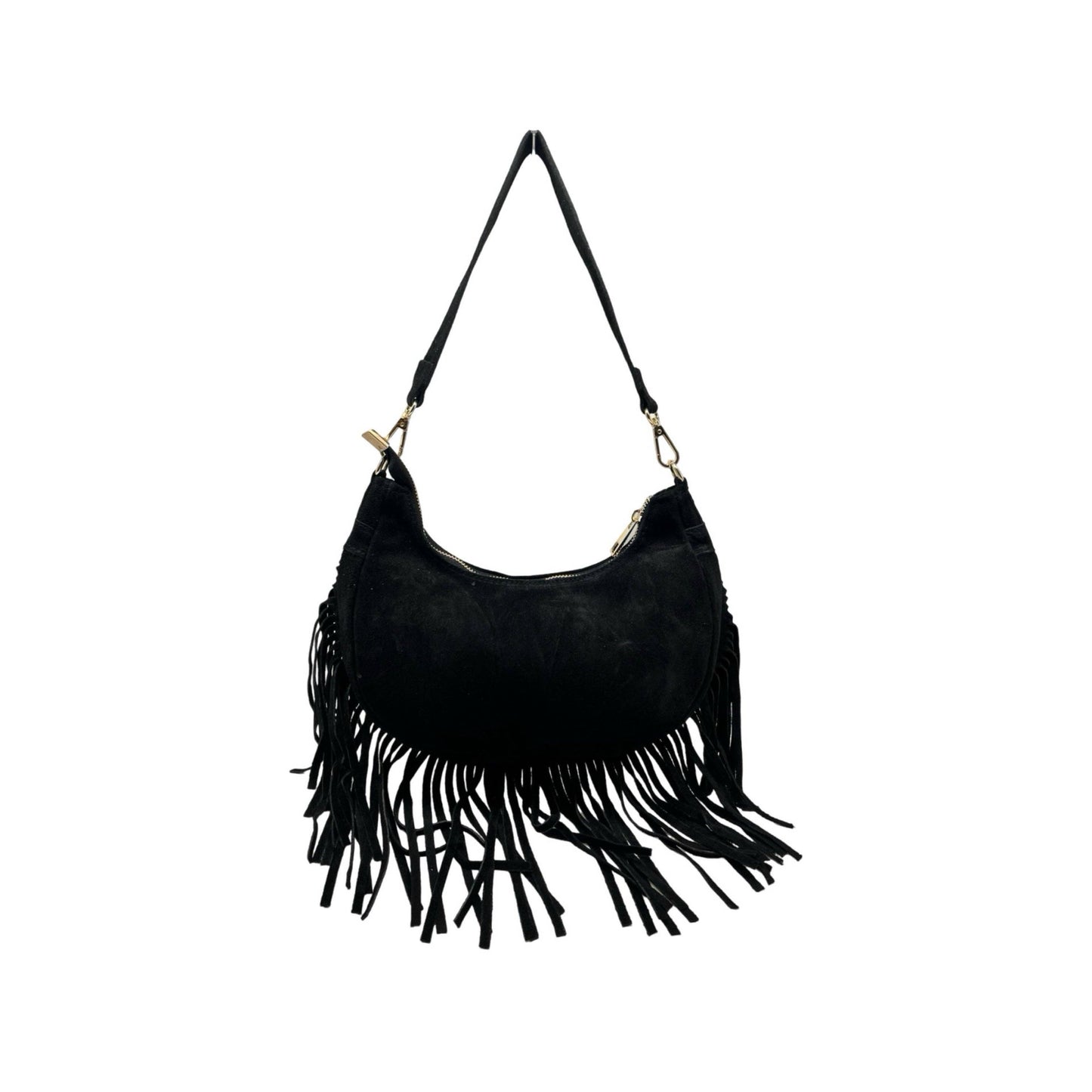 Suede-Ledertasche mit Fransen „Demy“: KAMEL