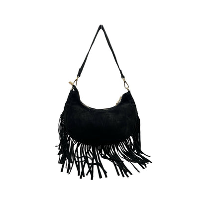 Suede-Ledertasche mit Fransen „Demy“: KAMEL
