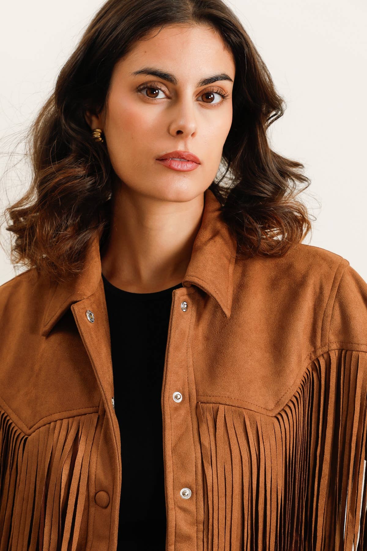 Damenjacke in Wildlederoptik mit Fransen im Western-Stil - 5956: Camel / 6 Pieces: 3S 2M 1L