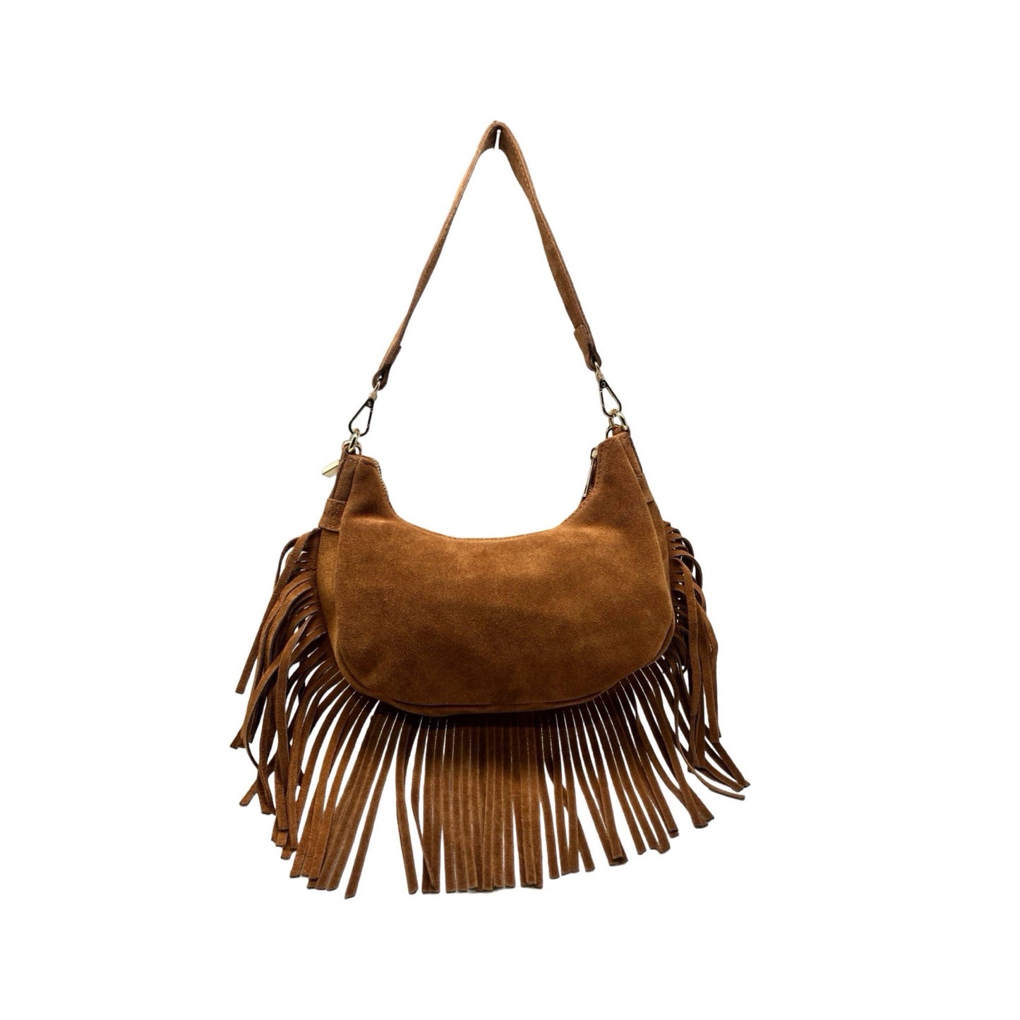 Suede-Ledertasche mit Fransen „Demy“: KAMEL