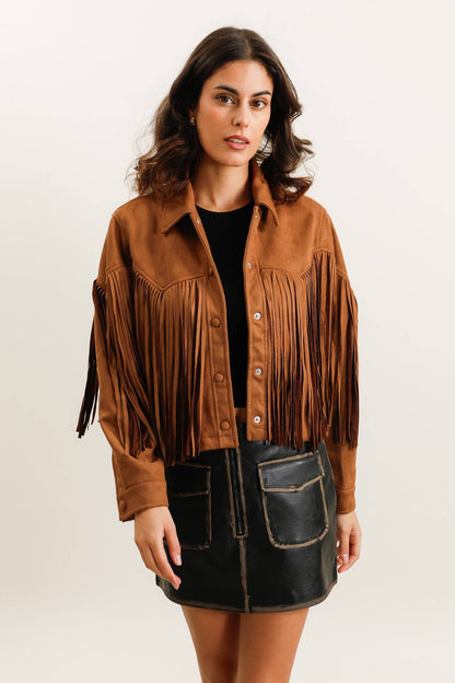 Damenjacke in Wildlederoptik mit Fransen im Western-Stil - 5956: Camel / 6 Pieces: 3S 2M 1L