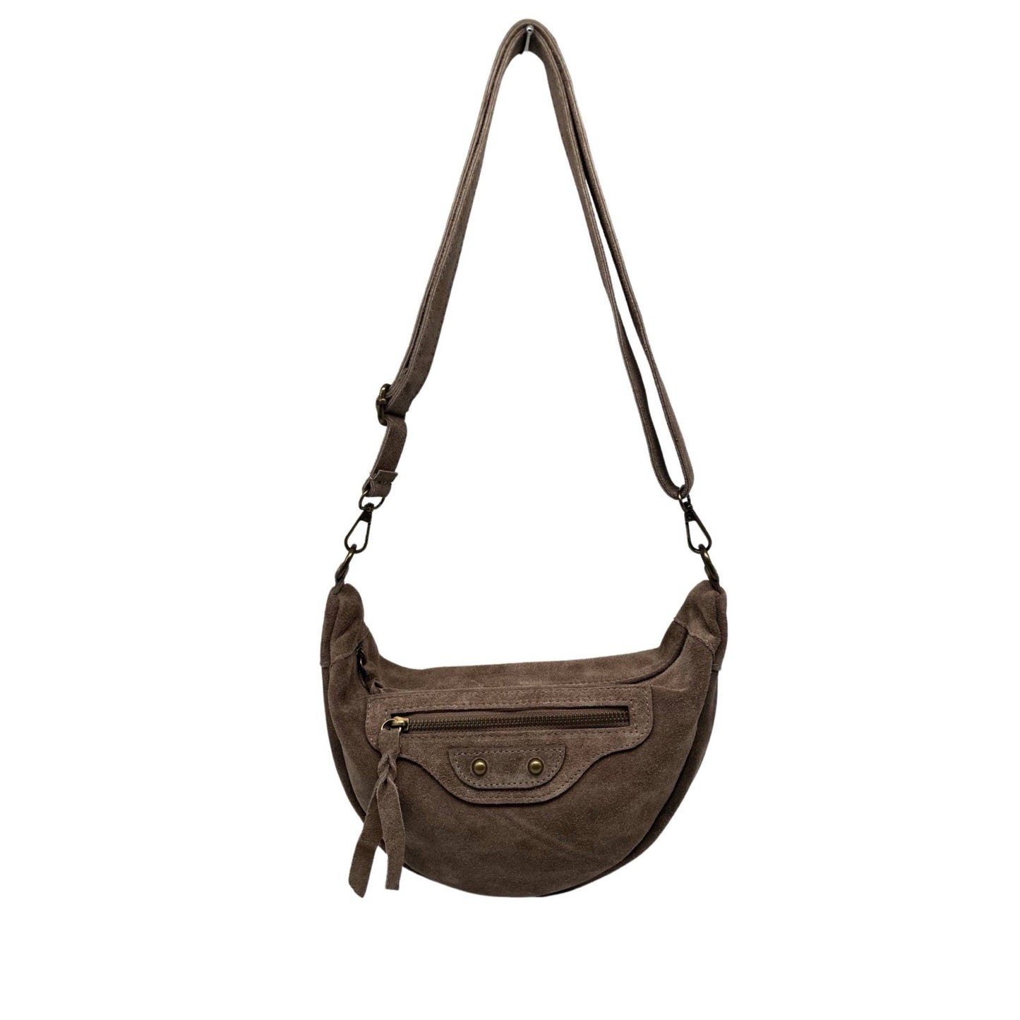 ROXANA Schultertasche aus Wildleder in Bananenform: KAMEL