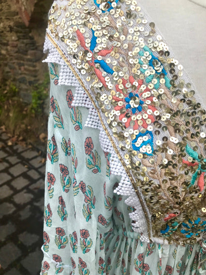 Boho Kleid Boheme Sommer Romantic Dress Weiß/Türkis