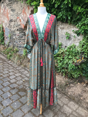 Böhmischer Stil Boho Sommer Kleid Beige Grün Rosa