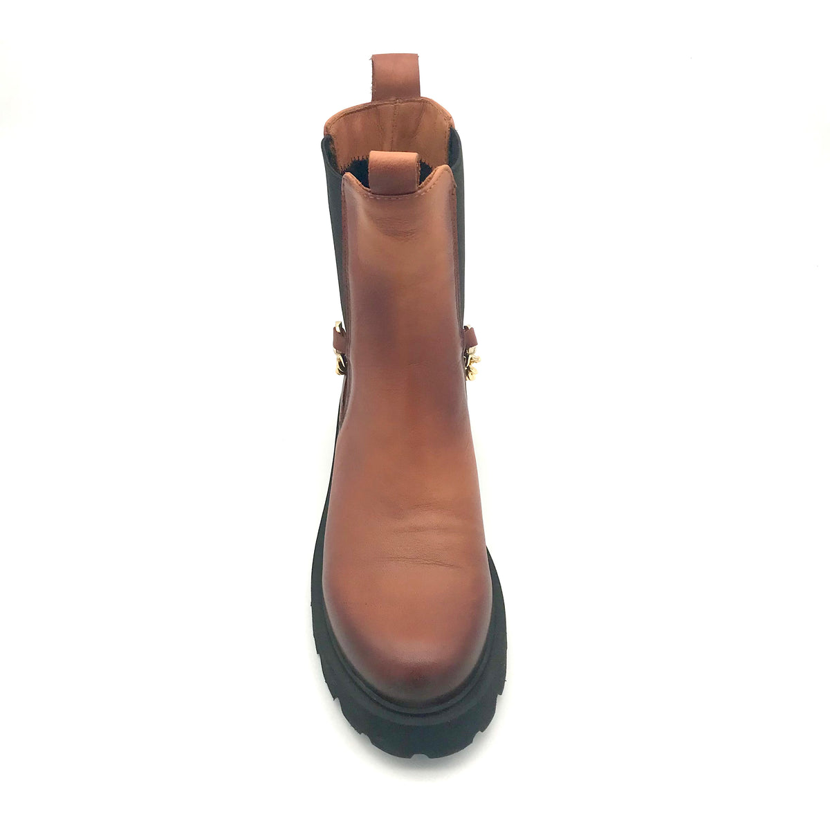 The Schuh Effekt Boots Stiefeletten Goldkette Chunky Cognac