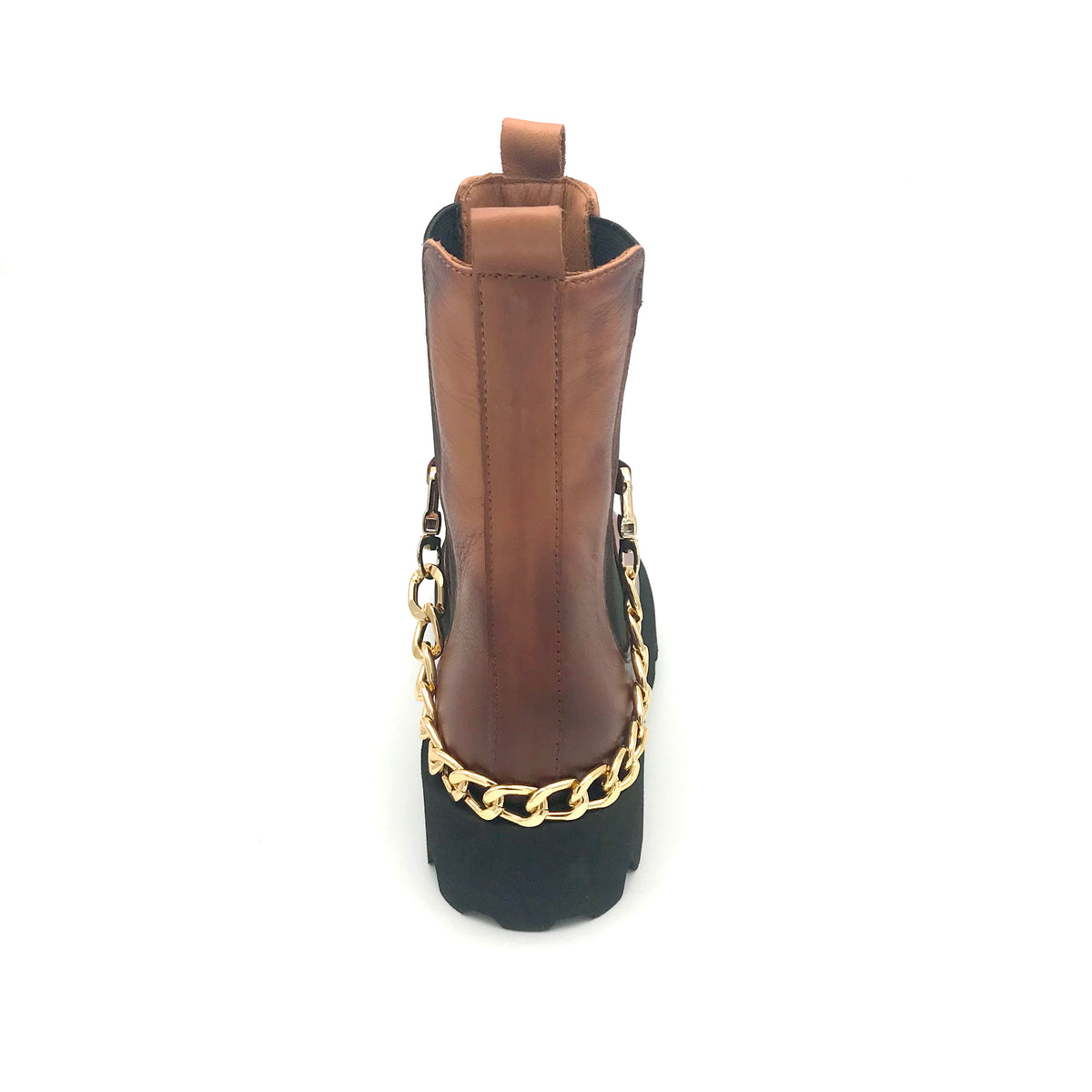 The Schuh Effekt Boots Stiefeletten Goldkette Chunky Cognac